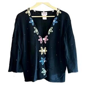 Vintage PBJ Sport Womens Cardigan Large Black Embroidered Floral Bead Button Up